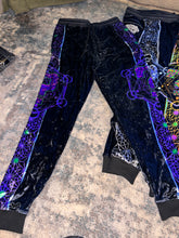 Load image into Gallery viewer, LE66 Purple Crushed Velvet Tip Joggers with matching embroidery!